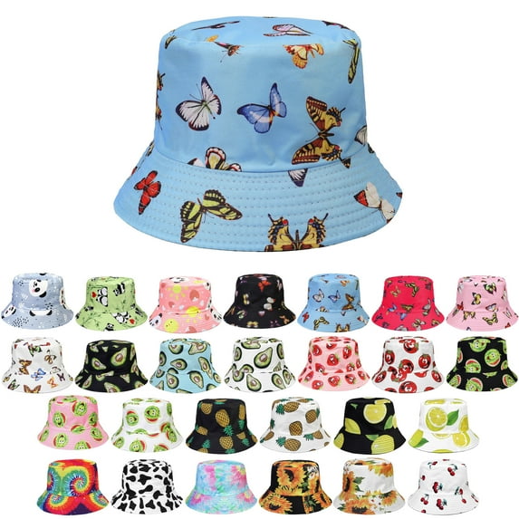 Women Reversible Bucket Hat Summer Travel Lightweight Foldable Beach Outdoor Hat - Blue Butterfly