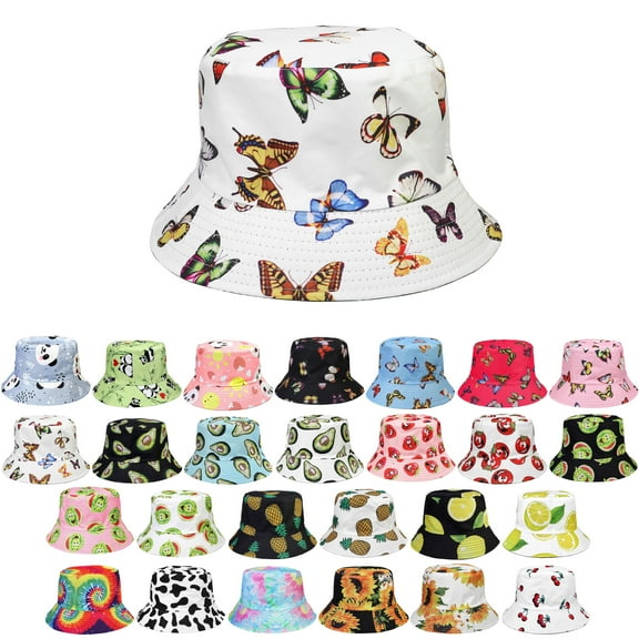 Women Reversible Bucket Hat Summer Travel Lightweight Foldable Beach Outdoor Hat - White Butterfly