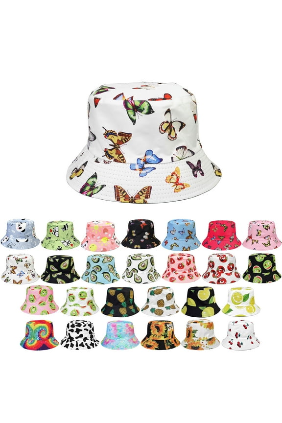 Women Reversible Bucket Hat Summer Travel Lightweight Foldable Beach Outdoor Hat - White Butterfly
