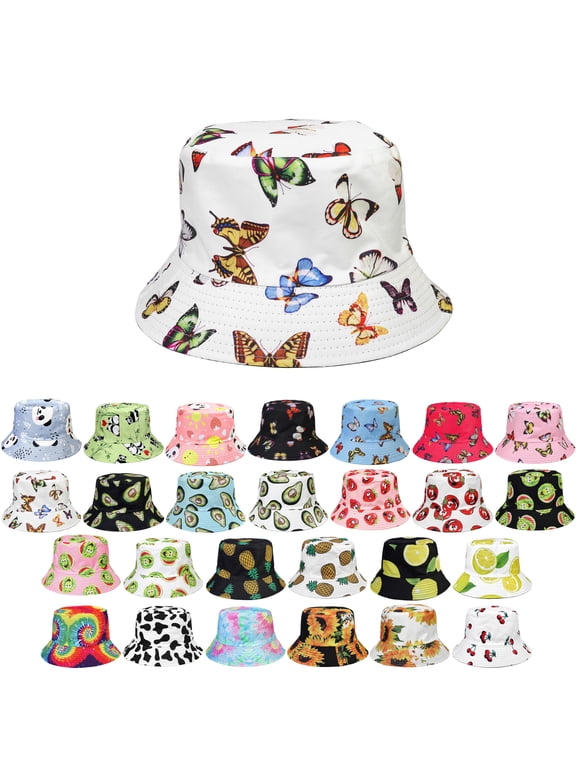 Women Reversible Bucket Hat Summer Travel Lightweight Foldable Beach Outdoor Hat - White Butterfly
