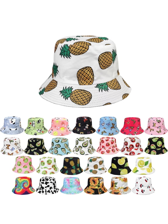 Women Reversible Bucket Hat Summer Travel Lightweight Foldable Beach Outdoor Hat - White Pineapple
