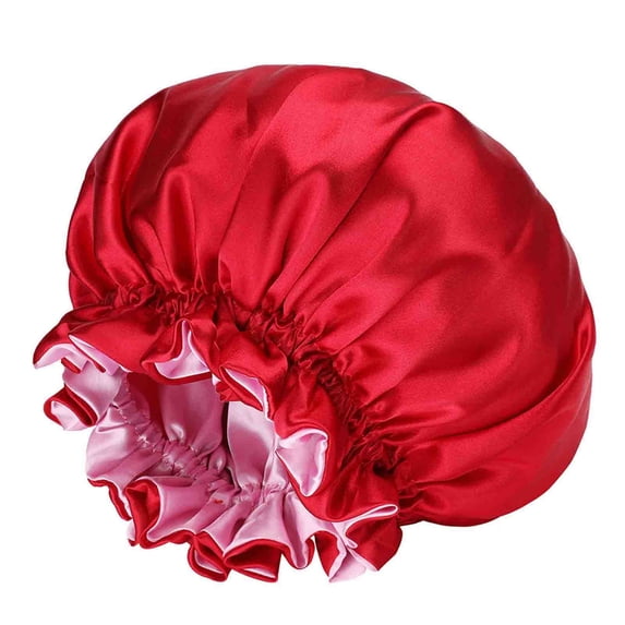 Women Reversible Double Satin Silk Bonnet for Curly Hair Bonnet Ruffled Elastic Sleep Cap for Curly Long Braids Natural Hair Night Care Daily Red Free Size