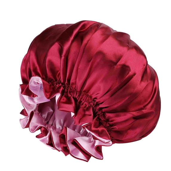 Women Reversible Double Satin Silk Bonnet for Curly Hair Bonnet Ruffled Elastic Sleep Cap for Curly Long Braids Natural Hair Night Care Daily Wine Free Size