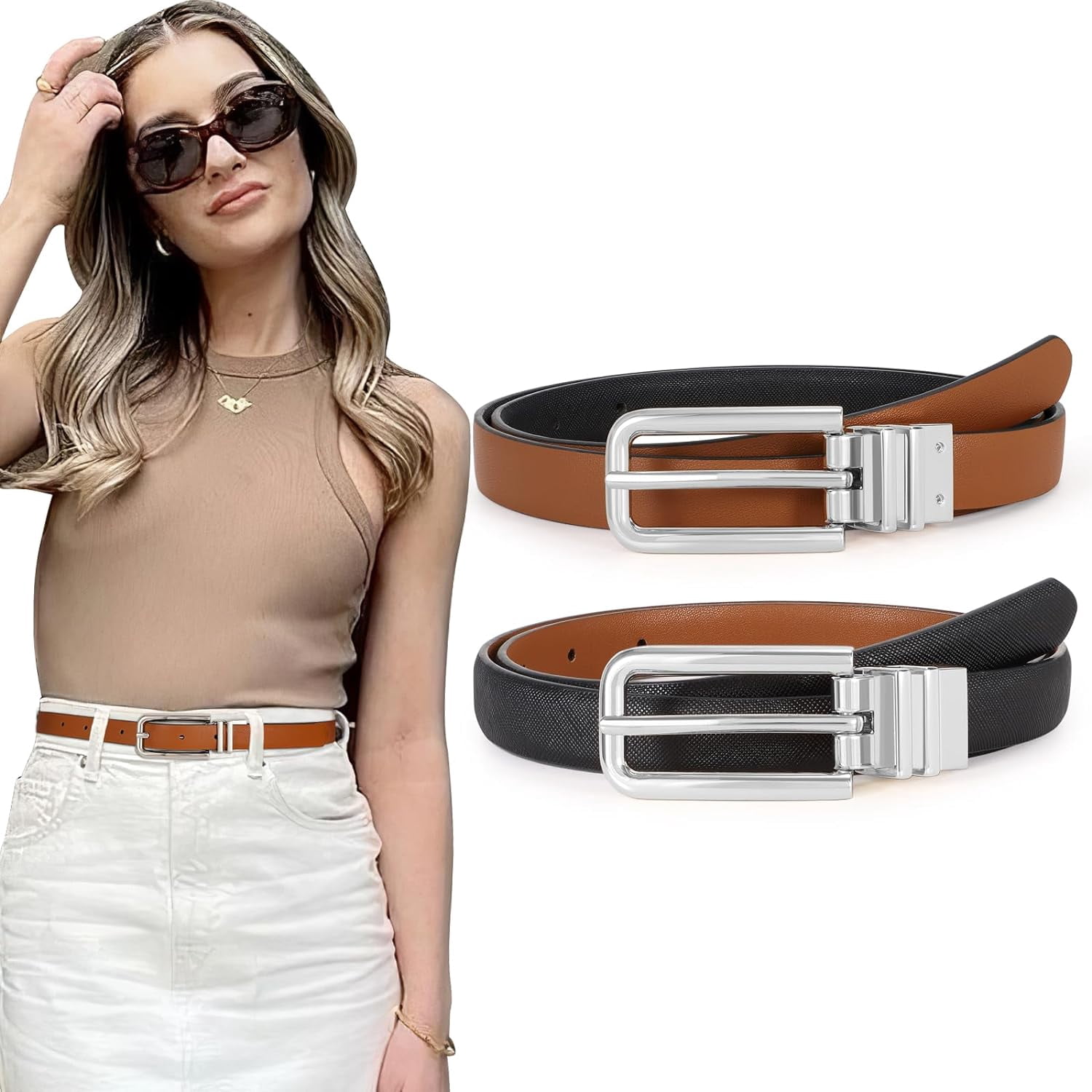 Women\'s Reversible PU Leather Belt with Rotating Buckle Buy Ladies Reversible Belt Taupe Black Genuine Leather  main image 3