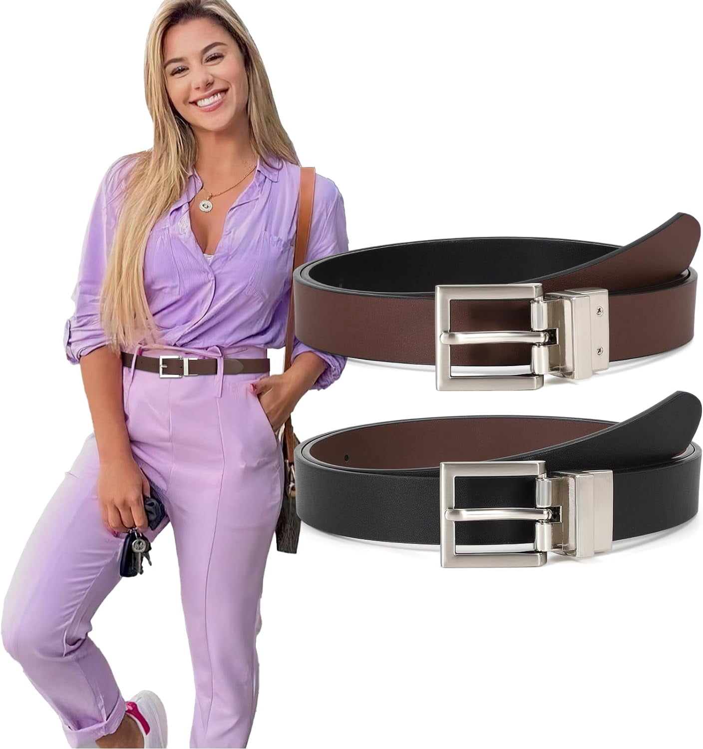 Women Reversible Leather Belt with Rotating Pin Buckle for  display picture 1