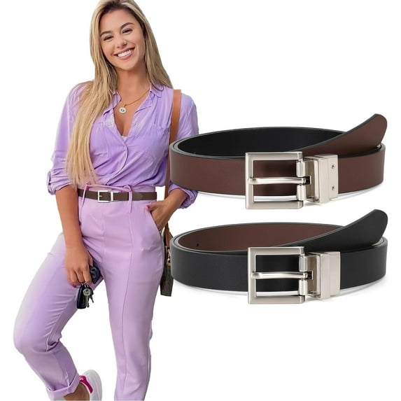 Women Reversible Leather Belt with Rotating Pin Buckle for Jeans Pants Dresses