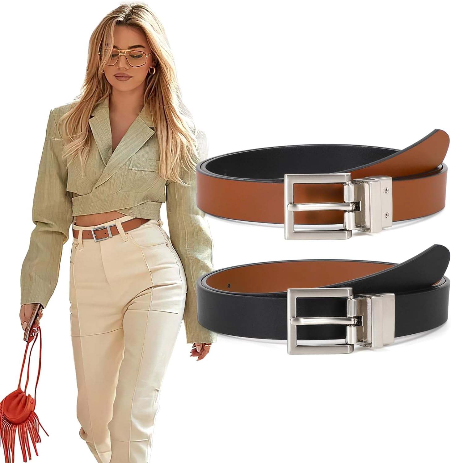 6911 Reversible Belts For Women Leather Ladies Waist Belt Jeans Pants Women Reversible Leather Belt with Rotating Pin Buckle for  main image 3