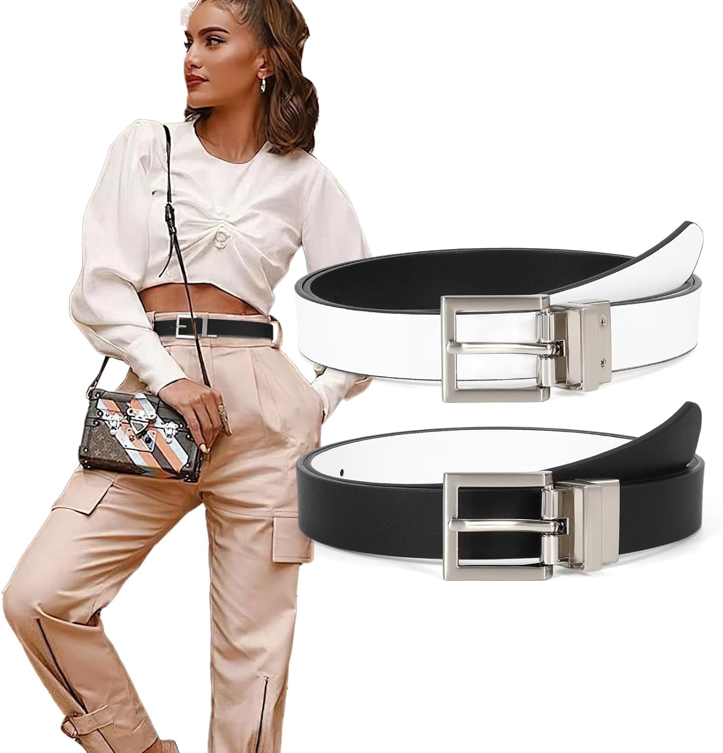 3154 Women Leather Belt,reversible Belt,leather Waist Belt For Jeans Dress Women Reversible Leather Belt with Rotating Pin Buckle for  main image 3