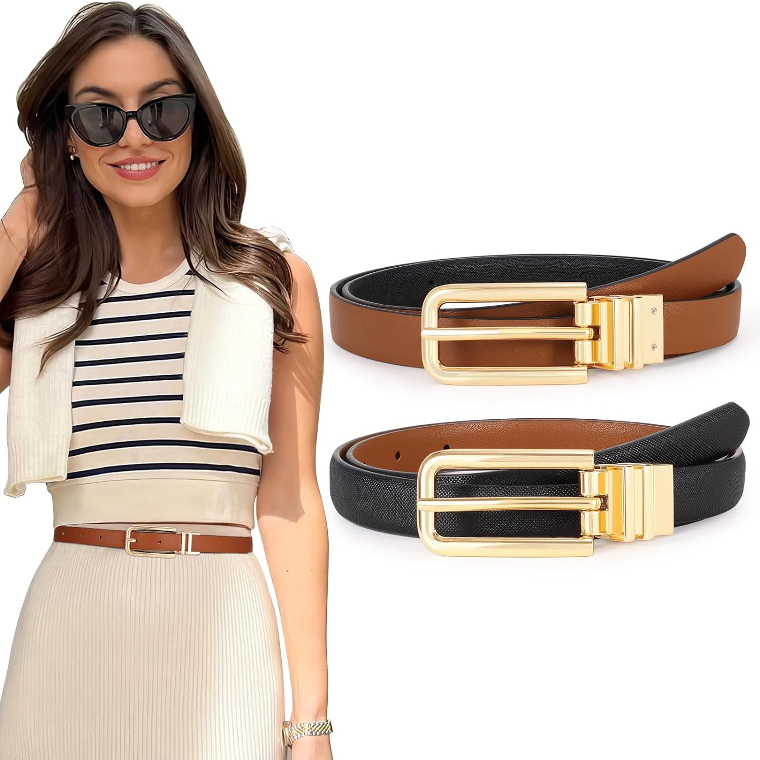 Women Reversible Leather Belt with Rotating Pin Buckle for  display picture 1