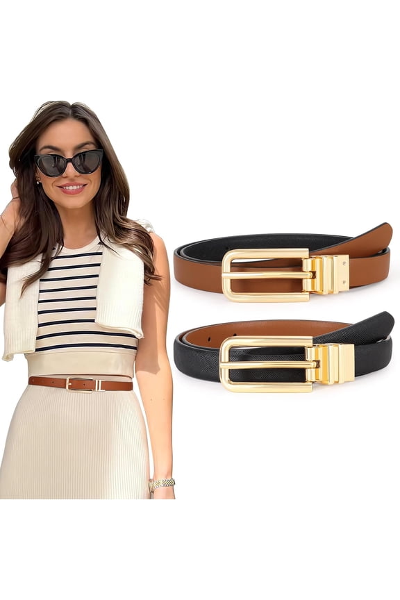 Women Reversible Leather Belt with Rotating Pin Buckle for Jeans Pants Dresses