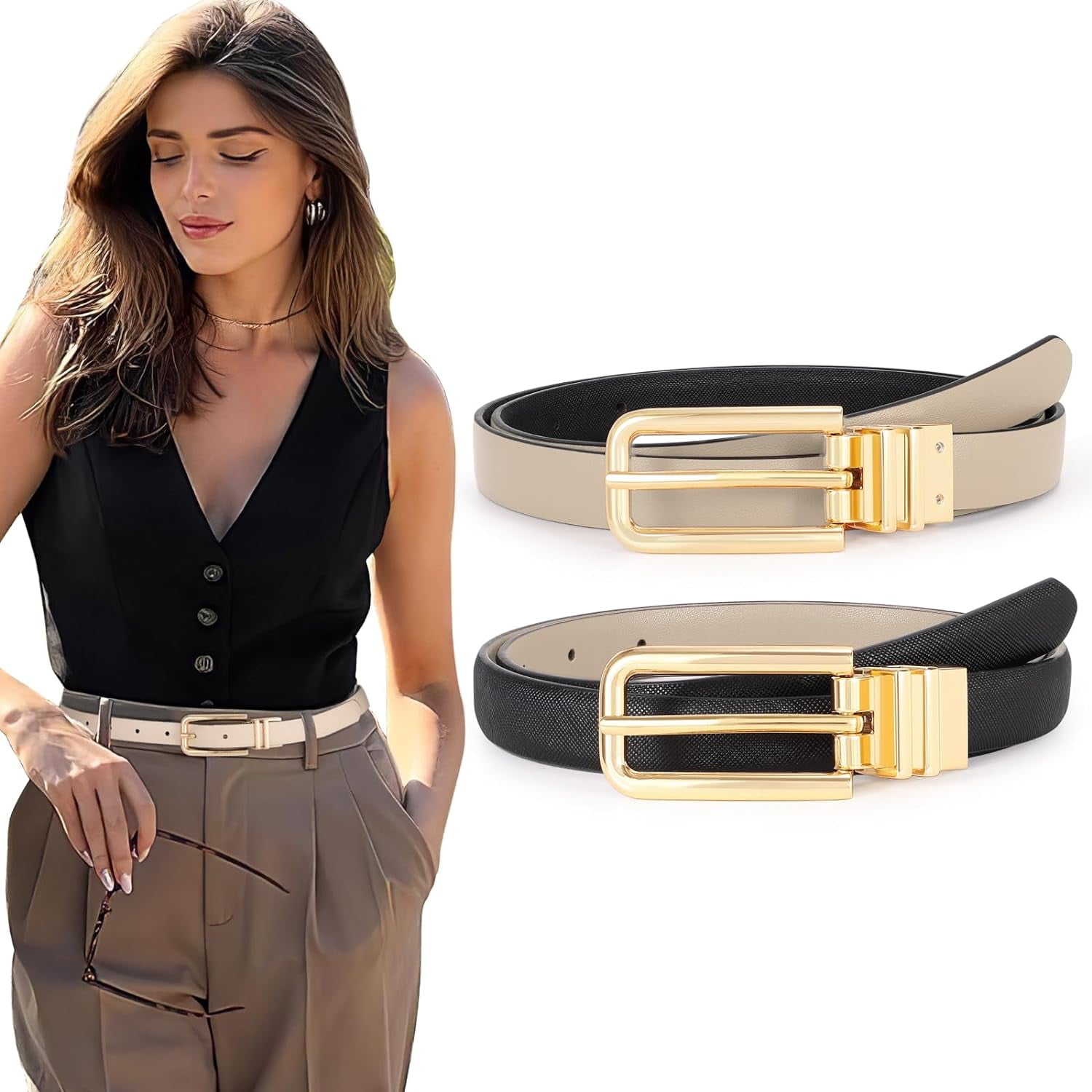 Women Reversible Leather Belt with Rotating Pin Buckle for 