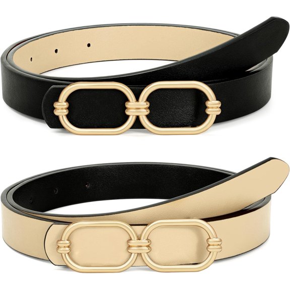 Women Reversible Leather Belts for Jeans Pants Fashion Skinny Belt Ladies Waist Belt with Gold Buckle