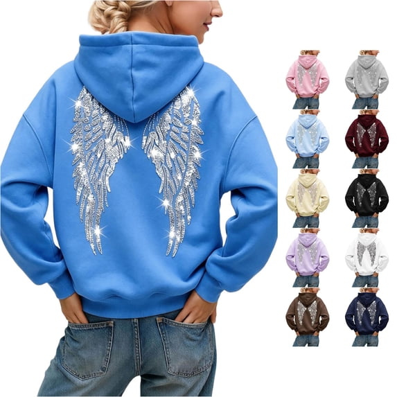 Women Rhinestone Angel Wing Back Print Hoodie Long Sleeve Pullover Sweatshirt Casual Oversized Loose Fit Hooded Top