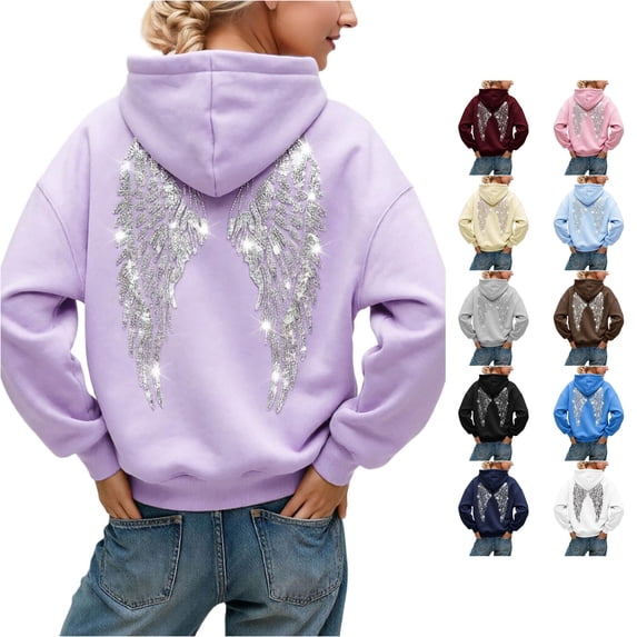 Women Rhinestone Angel Wing Back Print Hoodie Long Sleeve Pullover Sweatshirt Casual Oversized Loose Fit Hooded Top
