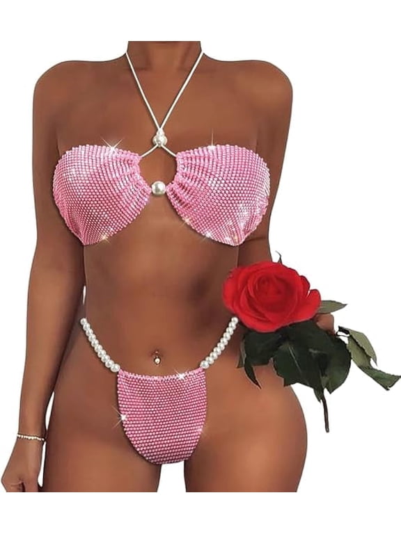 Women Rhinestone Bikini Set for Women Sparkly Sequin Bra and Panty Triangle Swimsuit Sexy Cheeky Bathing Suit Beachwear