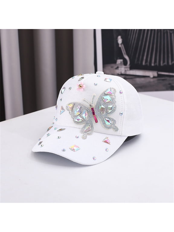 Women Rhinestone Butterfly Decor Baseball Cap, Sparkly Bling Crystal Studded Fashion Sun Hat, Adjustable Glitter Decor Cap for Party Festival Street Travel Outdoor Daily Wear