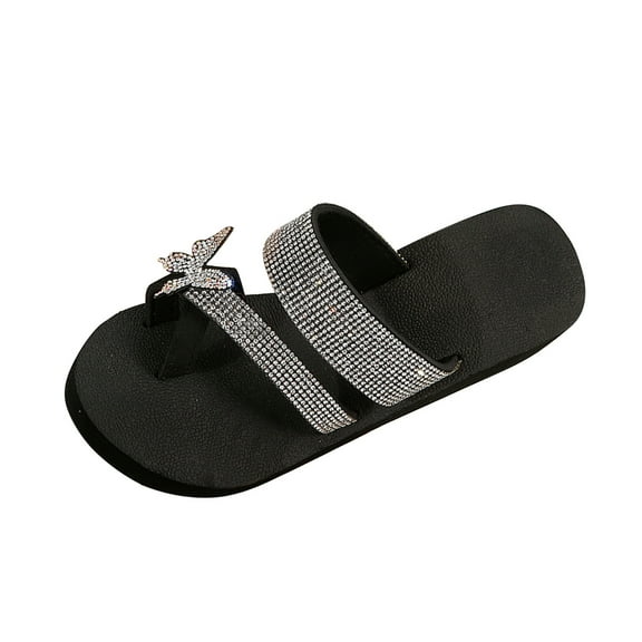 Women Rhinestone Butterfly Slippers Flat Mules Bottom Slope Heel Sandals Anti-Slip Clip Toe Summer Casual Flip Flops White Women Sandal