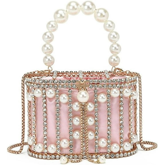 Women Rhinestone Cage Bag Sparkling Hollow Pearl Evening Clutch Glitter Double-layer Detachable Basket Handbag