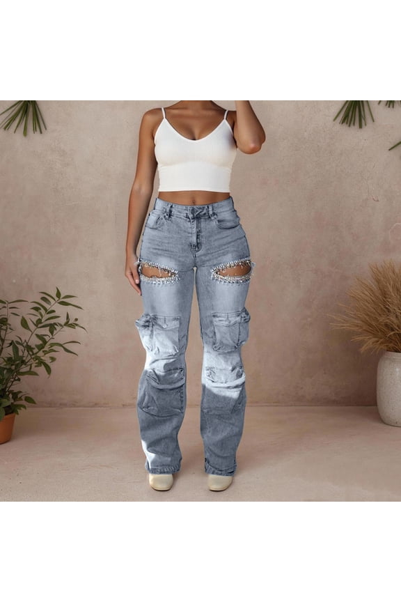 Women Rhinestone Cargo Jeans High Waisted Baggy Sexy Sparkly Cut Out Ripped Distressed Stretchy Denim Pants Short Jean Pants for Women Summer Womens Jean Leggings Denim Size 20 Pants Women Long Stilt