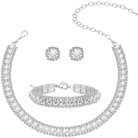 Women Rhinestone Crystal Jewelry Set Crystal Tennis Design Rhinestone Choker Necklace Link Bracelet Teardrop Earrings Set Wedding Bridal Bridesmaids Party