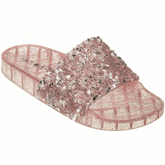 Women Rhinestone Decor Outdoor And Indoor Glamorous Flat Slides Jelly Glitter Slide Sandals Slippers