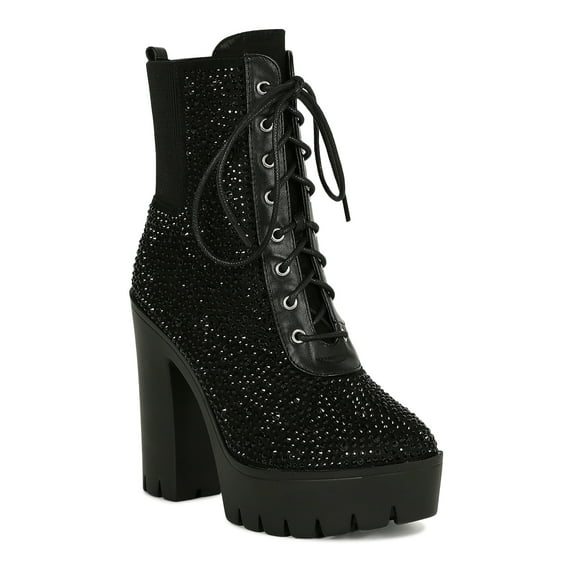 Women Rhinestone Embellished Lace-Up Lug Flatform Combat Boot 19041
