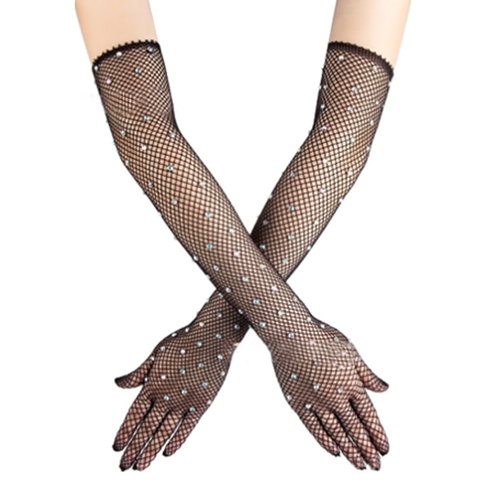Women's Rhinestone Fishnet Long Gloves, Sparkly Glitter