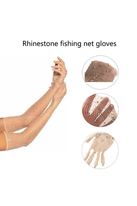 Women Rhinestone Fishnet Long Gloves Mesh Sparkly Glitter Fashion Opera Gloves For Party Halloween Costumes Accessories