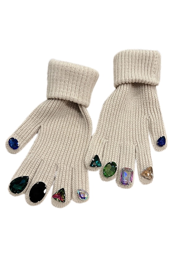 Women Rhinestone Gloves Full Finger Gloves Knit Gloves with Rhinestone Decors on Finger Tips Luxury Mittens