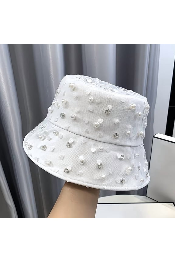 Women Rhinestone Heart Bucket Hat Sparkly Mesh Sun Hat Adjustable