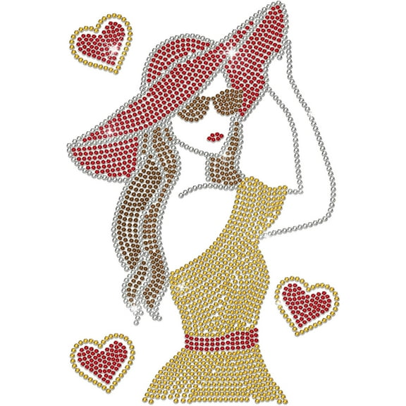 Women Rhinestone Iron on Hotfix Heat Transfer Stylish Women Iron On Stickers Colorful Bling Patch Heart Woman Bling Rhinestone Decals for Clothes Bags Pants Fabric Decor for DIY