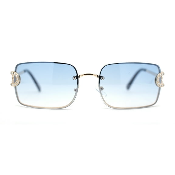 Women Rhinestone Jewel Rimless Rectangle Metal Rim Sunglasses Gold - Blue