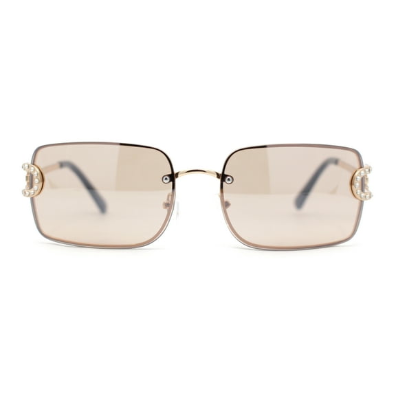 Women Rhinestone Jewel Rimless Rectangle Metal Rim Sunglasses Gold - Light Brown