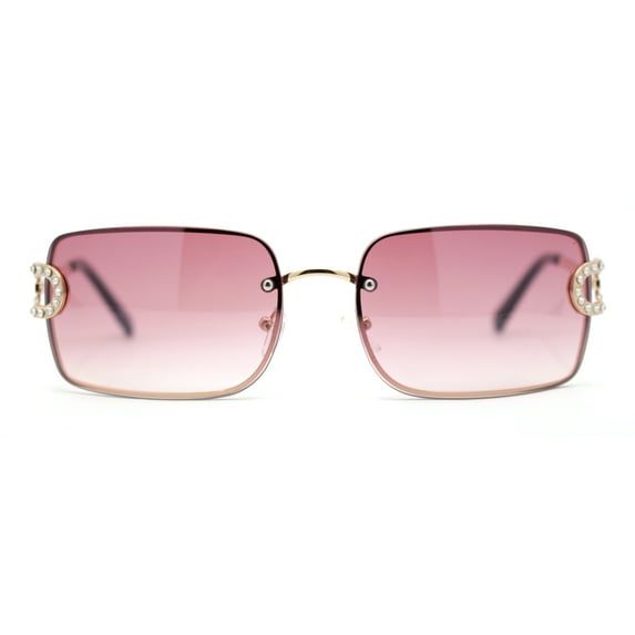 Women Rhinestone Jewel Rimless Rectangle Metal Rim Sunglasses Gold - Pink