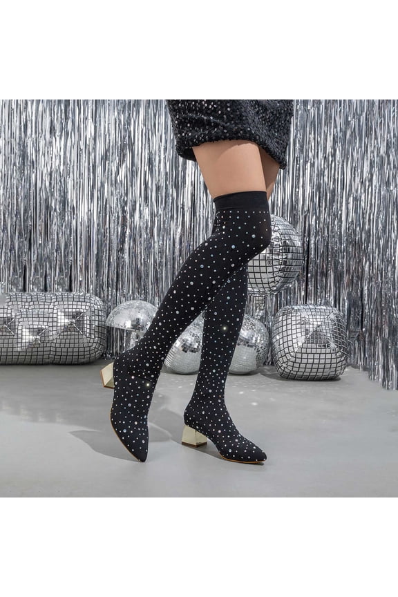 Women Rhinestone Over The Knee Cowboy Boots Sparkly Bling Boots Western Thigh High Boots Pull On Side Zippers Chunky Heel Pointed Toe For Fashion&Daily