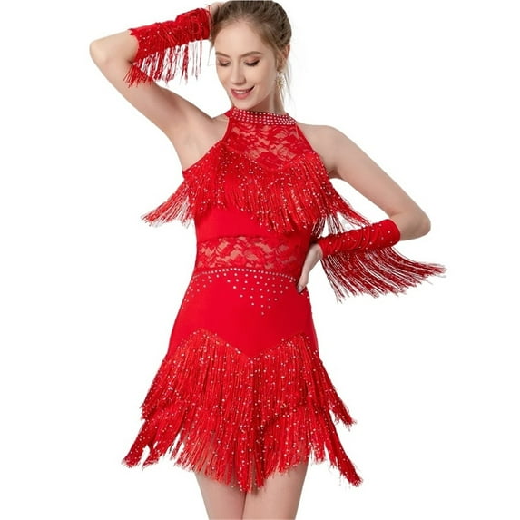 Women Rhinestone Lace Latin Dancewear Dress Armband Shorts Ballroom Fringe Skirt Samba Party Stage Clothes Outfit