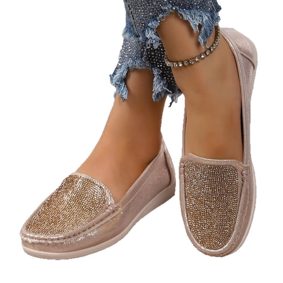 Women Rhinestone Loafers, Slip-On Flat Shoes, Sparkle Casual Dress Flats