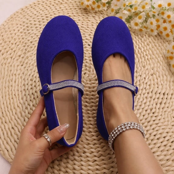 Women Rhinestone Mary Jane Flats, Round Toe Sparkly Buckle Strap Flat Shoes, Soft Comfort Ballet Shoes for Wedding Party