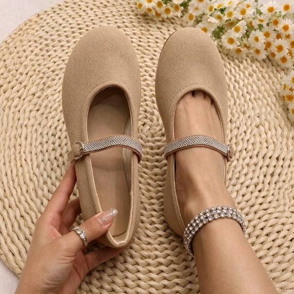 Women Rhinestone Mary Jane Flats, Round Toe Sparkly Buckle Strap Flat Shoes, Soft Comfort Ballet Shoes for Wedding Party
