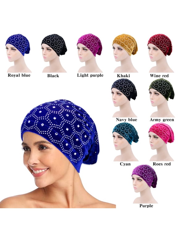 Women Rhinestone Muslim Turban Head Headwear Sparkly Skull Cap Slouchy Beanie Bonnet Hat Hijabs for Women