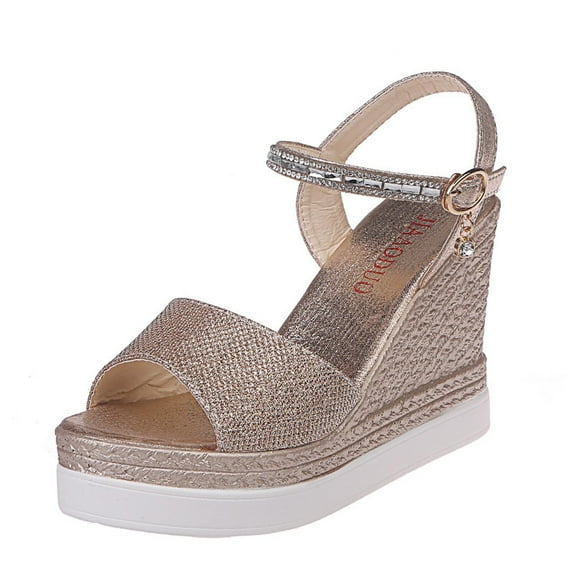 Women Rhinestone Platform Wedge Sandals, Office Work Wedge Sandals Casual Comfort Wedge Sandals, Womens Glitter High Heel Sandals Wedge Slingback Peep Toe Ankle Strap Metal Buckle Summer Shoes