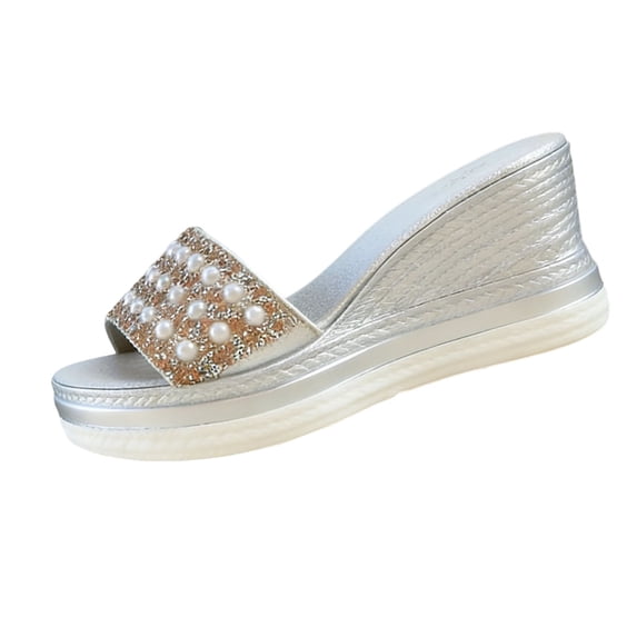 Women Rhinestone Platforms Sandals Wedge Chunky High Heels Sandal Sparkly Open Toe Summer Dressy Slip on Shinny Fashion Footwear Comfort Breathable Casual Shoes