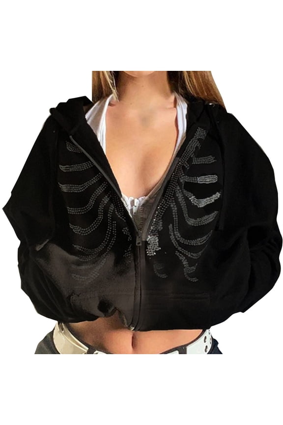 Women Rhinestone Punk Zip Up Hoodie Gothic Graphic Long Sleeve Loose Fit Outwear Sweatshirt Jacket