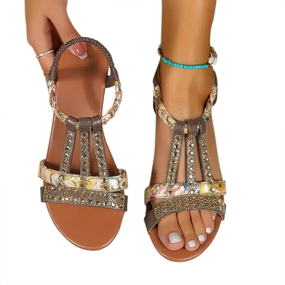 Women Rhinestone Sandals T-Strap Buckle Bohemian Pearl Crystal Flat Sandals Elastic Slip on Beach Sandals