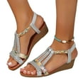thumbnail image 1 of Women Rhinestone Sandals T-Strap Buckle Bohemian Pearl Crystal Flat Sandals Elastic Slip on Beach Sandals, 1 of 5