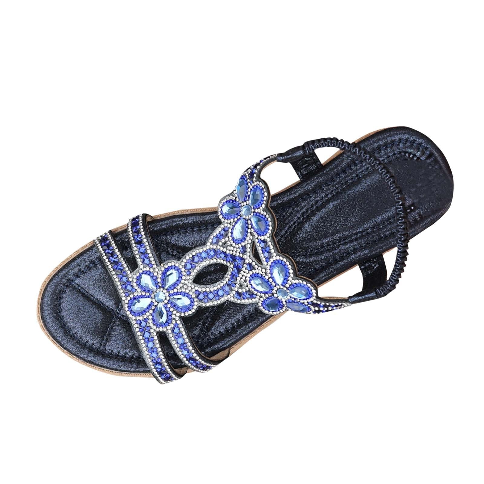 Women Rhinestone Sandals T-Strap Buckle Bohemian Pearl Crystal Flat Sandals Women's Fashion Casual Summer Style Solid Color Ethnic Style Bohemian Style Elastic Back Foot Roman Rhinestone Sandals