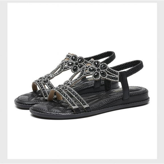 Women Rhinestone Sandals T-Strap Buckle Bohemian Pearl Crystal Flat Sandals