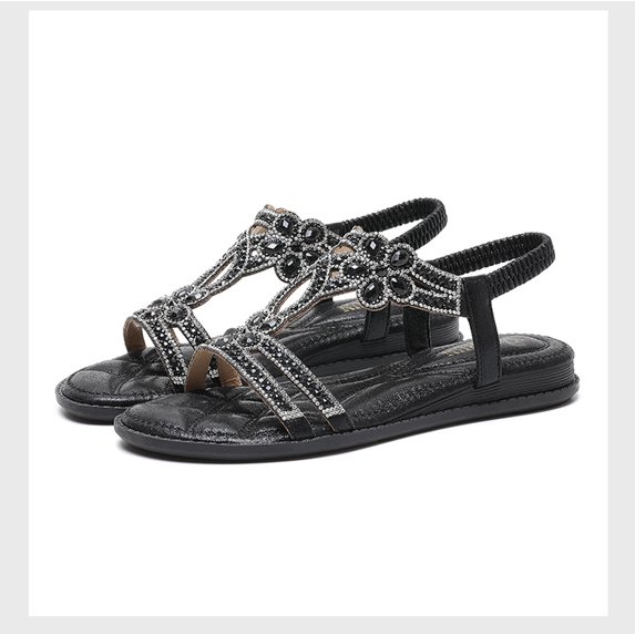 Women Rhinestone Sandals T-Strap Buckle Bohemian Pearl Crystal Flat Sandals