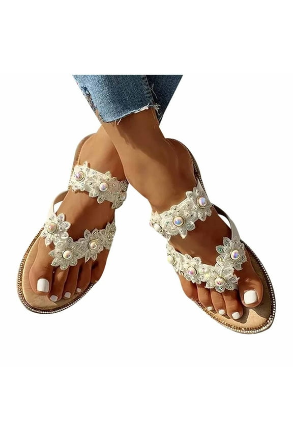 Women Rhinestone Slide Sandals Bohemian Pearl Crystal Flip Flop Open Toe Two Strap Flat Sandals, Jeweled Sandals