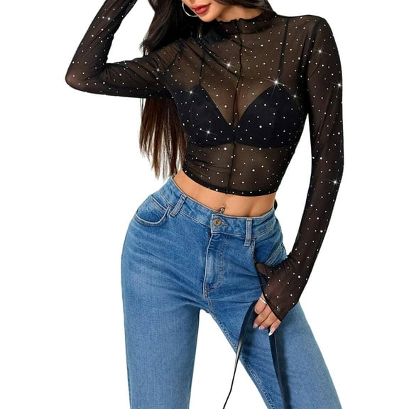 Women Rhinestone Sparkly Long Sleeve Sheer Crop Top See Through Shirt Glitter Going Out Tops